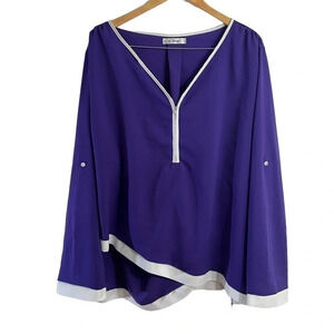 Rosegal Blouse 5X Purple White Trim Half Zip Draped Hem Roll Tab Long Sleeve Top